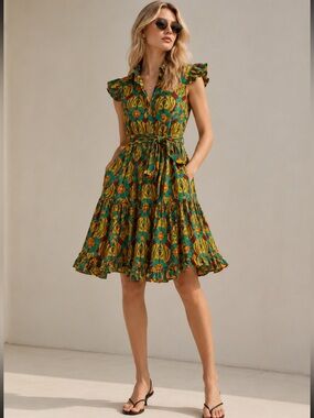 La DoubleJ Dress Short And Sassy Ruffle Belted in Yellow Green Brown Floral